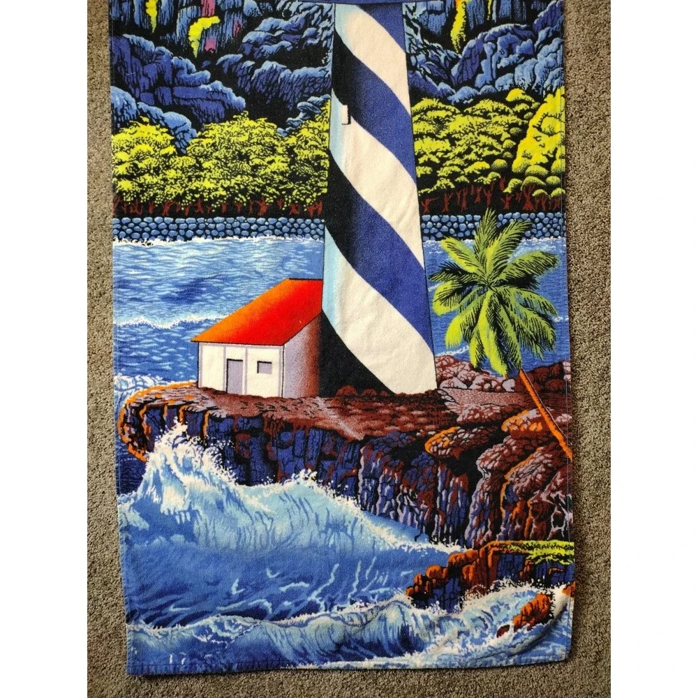 Vntg HILASAL LITEHOUSE PRINT Beach Towel Approx. 56